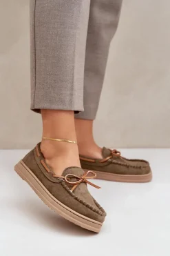 Outlet Boto Mokasyny Damskie Na Płaskiej Podeszwie Ciemnozielone Timannie