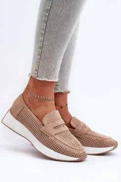 Boto Mokasyny Damskie Na Platformie Eko Zamszowe Beżowe Inesqua