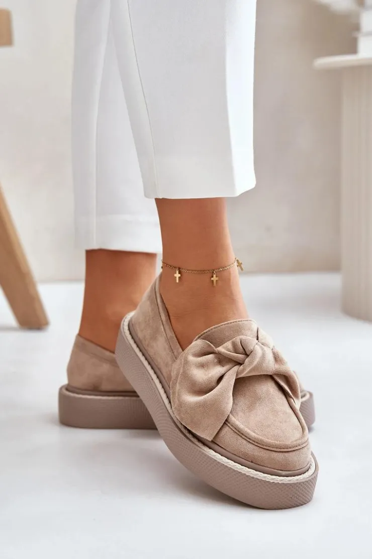 Clearance Boto Mokasyny Damskie Na Platformie Z Kokardą Beżowe Naivine