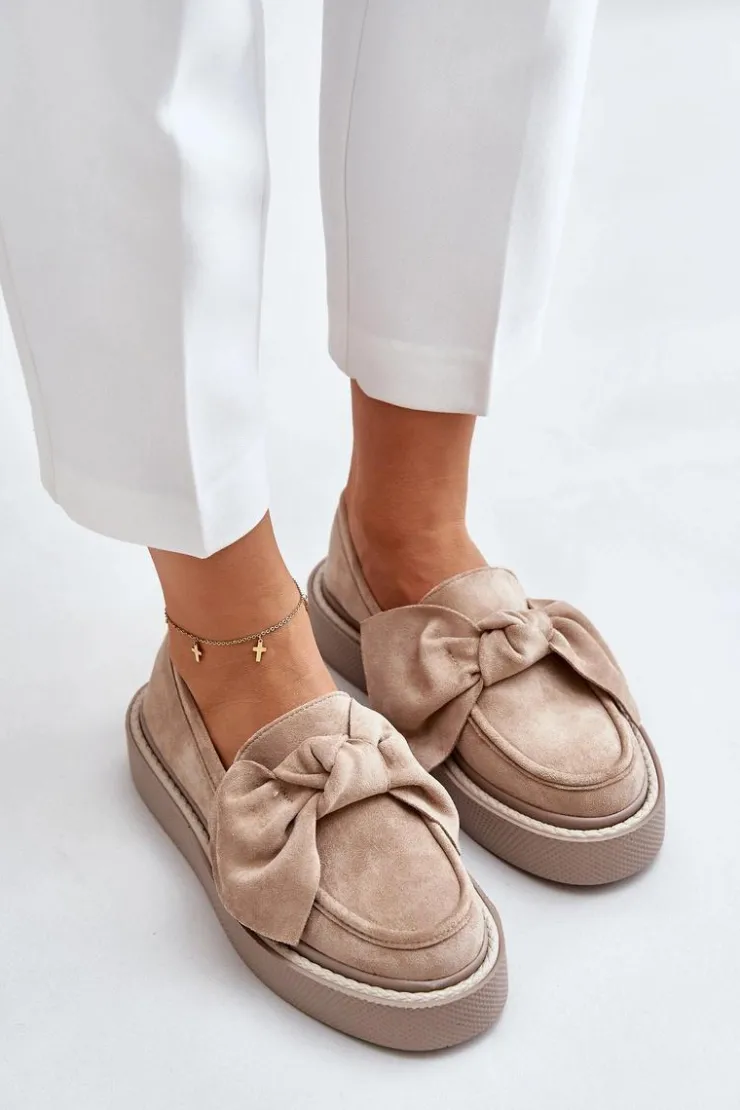 Clearance Boto Mokasyny Damskie Na Platformie Z Kokardą Beżowe Naivine