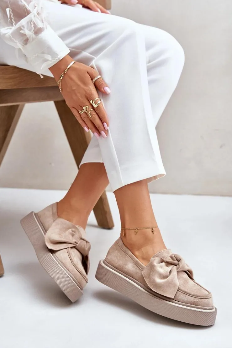 Clearance Boto Mokasyny Damskie Na Platformie Z Kokardą Beżowe Naivine