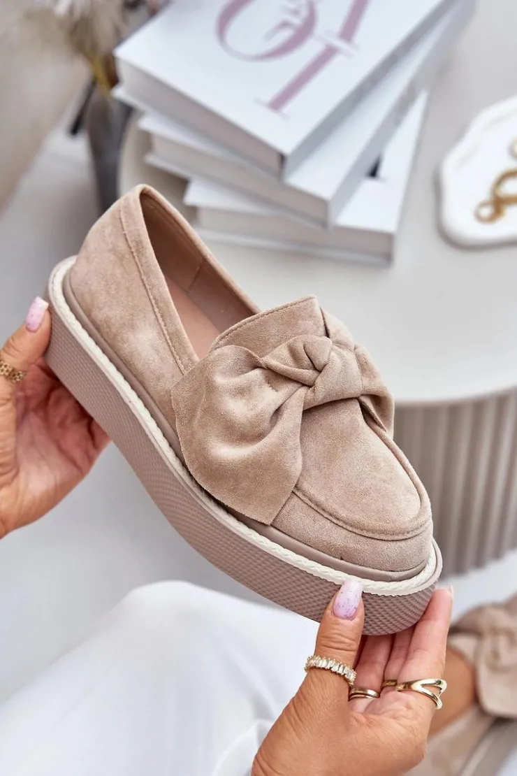 Clearance Boto Mokasyny Damskie Na Platformie Z Kokardą Beżowe Naivine