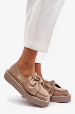 Clearance Boto Mokasyny Damskie Na Platformie Z Kokardą Beżowe Naivine