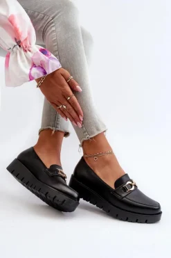 Outlet Evento Mokasyny Damskie Na Platformie Z Ozdobą Czarne Kaldina