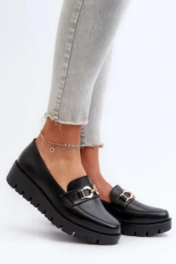 Outlet Evento Mokasyny Damskie Na Platformie Z Ozdobą Czarne Kaldina