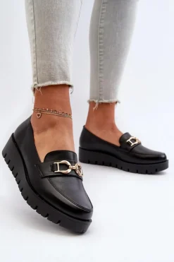 Outlet Evento Mokasyny Damskie Na Platformie Z Ozdobą Czarne Kaldina
