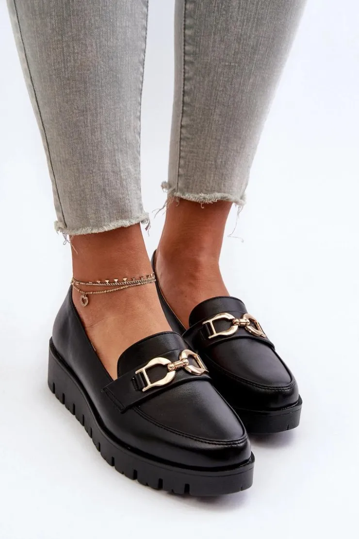 Outlet Evento Mokasyny Damskie Na Platformie Z Ozdobą Czarne Kaldina