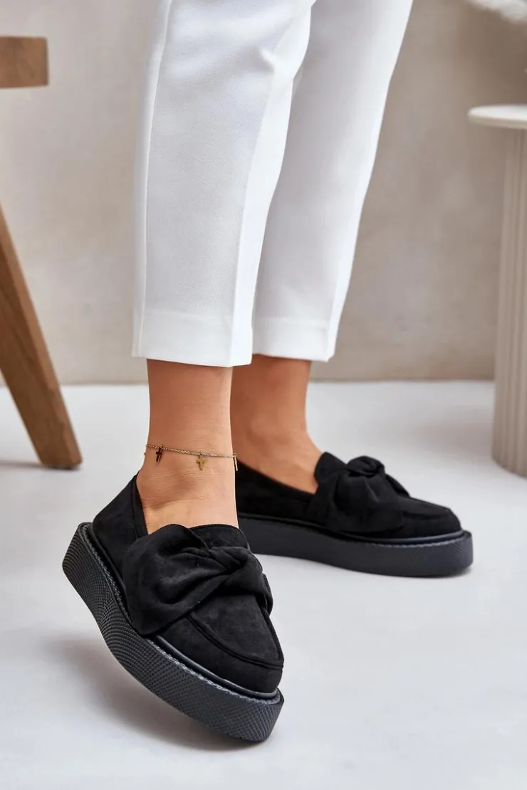 Damskie Boto Mokasyny Damskie Na Platformie Z Kokardą Czarne Naivine