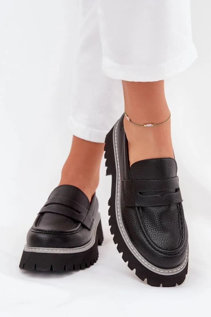 Big Star Shoes Mokasyny Płaskie|Mokasyny Damskie Skórzane*Mokasyny Damskie Na Platformie I Płaskim Obcasie Big Star NN274049 Czarne Czarny