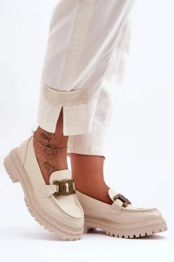 Boto Mokasyny Damskie Skórzane|Mokasyny Na Platformie*Mokasyny Damskie Na Platformie Z Ozdobą Beżowe Ameg