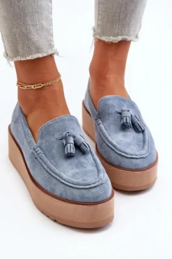 Online Boto Mokasyny Damskie Na Platformie Z Frędzlami Niebieskie Mialani