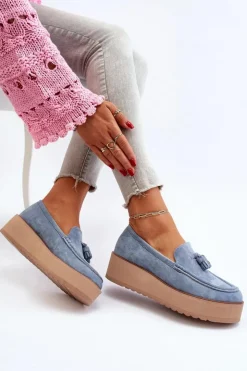 Online Boto Mokasyny Damskie Na Platformie Z Frędzlami Niebieskie Mialani