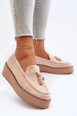 Damskie Boto Mokasyny Damskie Na Platformie Z Frędzlami Jasnobeżowe Mialani