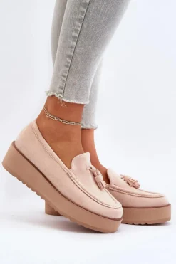Damskie Boto Mokasyny Damskie Na Platformie Z Frędzlami Jasnobeżowe Mialani
