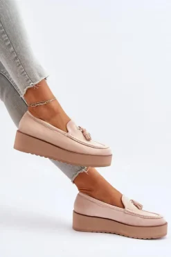 Damskie Boto Mokasyny Damskie Na Platformie Z Frędzlami Jasnobeżowe Mialani