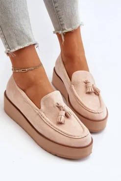 Damskie Boto Mokasyny Damskie Na Platformie Z Frędzlami Jasnobeżowe Mialani
