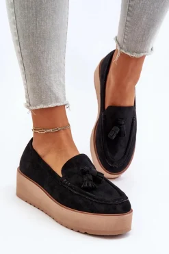 Damskie Boto Mokasyny Damskie Na Platformie Z Frędzlami Czarne Mialani