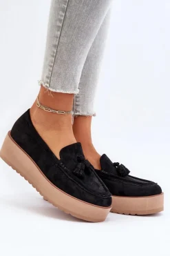 Damskie Boto Mokasyny Damskie Na Platformie Z Frędzlami Czarne Mialani