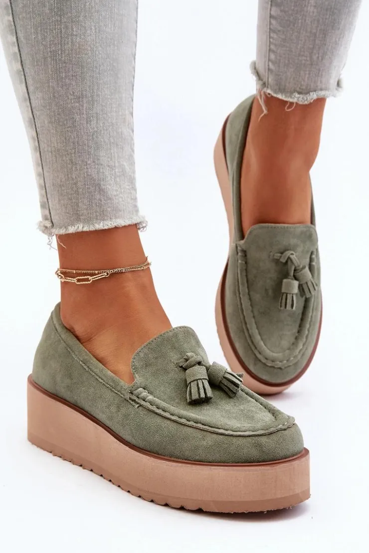 Boto Mokasyny Na Platformie|Mokasyny Damskie Zamszowe*Mokasyny Damskie Na Platformie Z Frędzlami Zielone Mialani