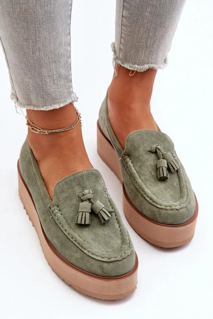 Boto Mokasyny Na Platformie|Mokasyny Damskie Zamszowe*Mokasyny Damskie Na Platformie Z Frędzlami Zielone Mialani