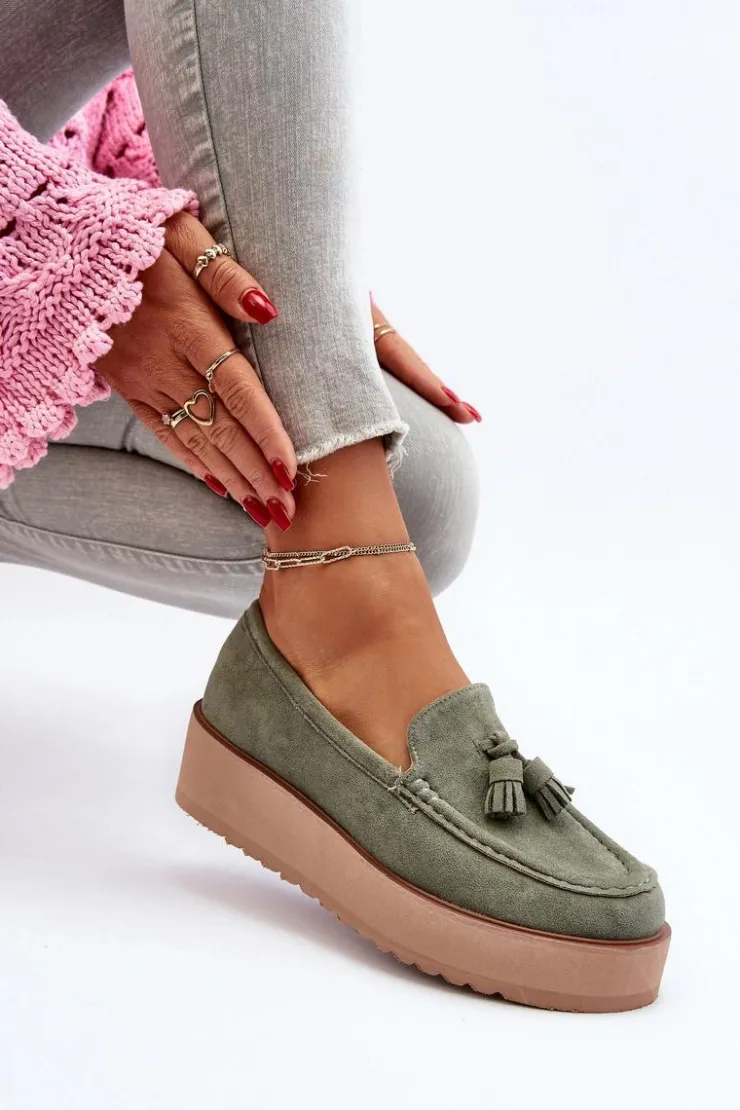 Boto Mokasyny Na Platformie|Mokasyny Damskie Zamszowe*Mokasyny Damskie Na Platformie Z Frędzlami Zielone Mialani