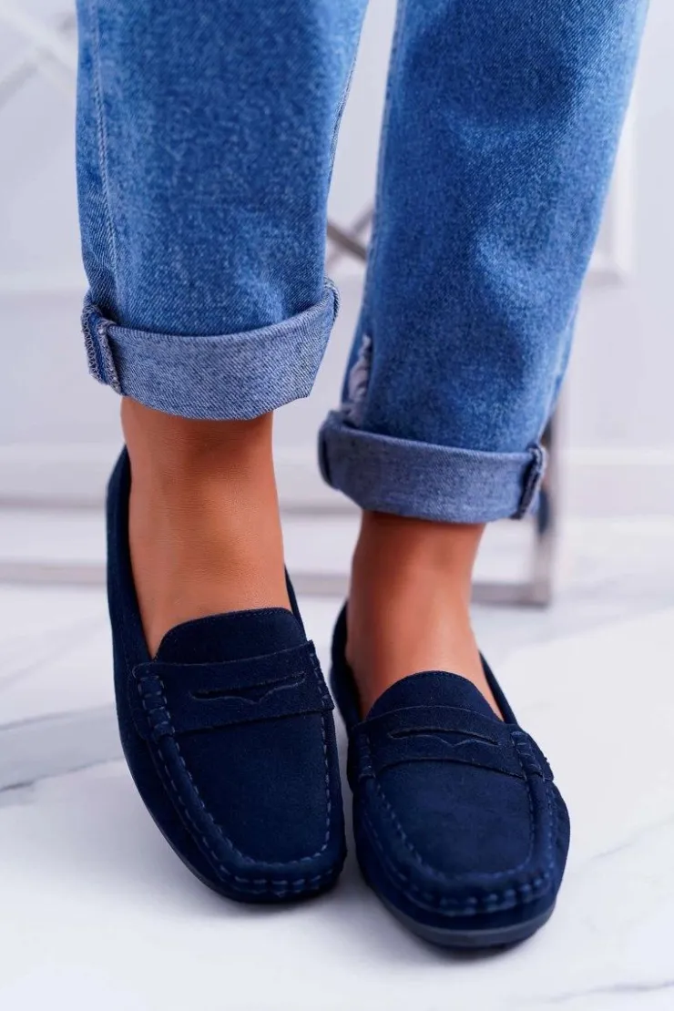 Damskie Damskie buty S.Barski Mokasyny Damskie Skóra Zamszowa Granatowe Tenzion