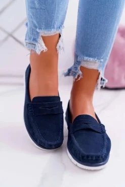 Hot Damskie buty S.Barski Mokasyny Damskie Skóra Zamszowa Granatowe Lauren