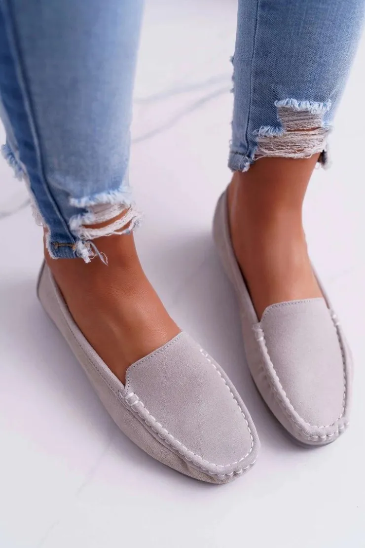 Discount Damskie buty S.Barski Mokasyny Damskie Skóra Zamszowa Beżowe Tenzion