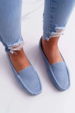 Clearance Damskie buty S.Barski Mokasyny Damskie Skóra Zamszowa Niebieskie Tenzion