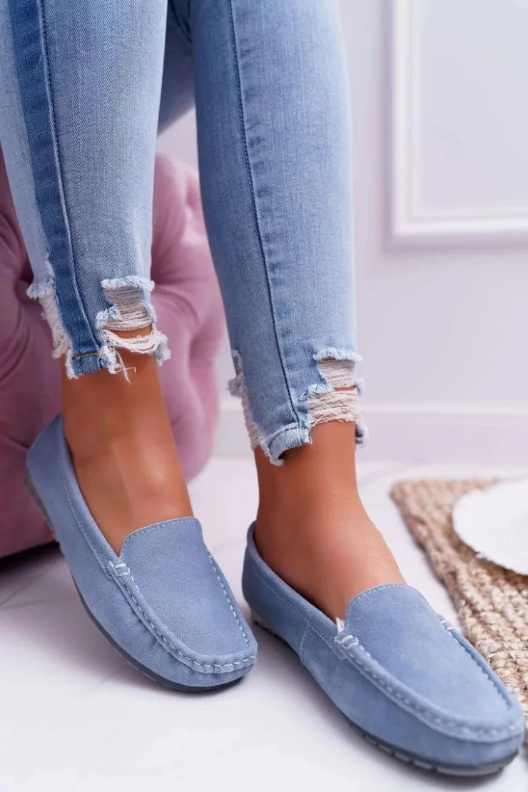 Clearance Damskie buty S.Barski Mokasyny Damskie Skóra Zamszowa Niebieskie Tenzion