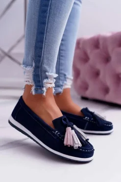 Outlet Boto Mokasyny Damskie Skórzane Zamszowe Z Frędzlami Granatowe Batist