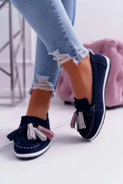 Outlet Boto Mokasyny Damskie Skórzane Zamszowe Z Frędzlami Granatowe Batist