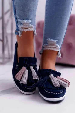 Outlet Boto Mokasyny Damskie Skórzane Zamszowe Z Frędzlami Granatowe Batist