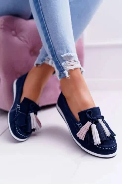 Outlet Boto Mokasyny Damskie Skórzane Zamszowe Z Frędzlami Granatowe Batist