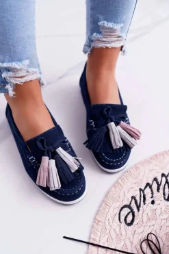 Outlet Boto Mokasyny Damskie Skórzane Zamszowe Z Frędzlami Granatowe Batist