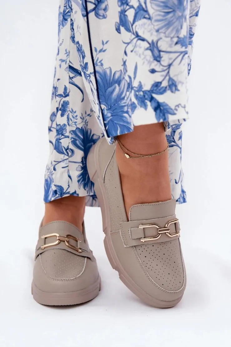 Buty damskie Vinceza Loafersy Damskie|Mokasyny Damskie Skórzane*Mokasyny Damskie Skórzane Ze Złotym Detalem Vinceza 88007 Ciemnobeżowe Beżowy