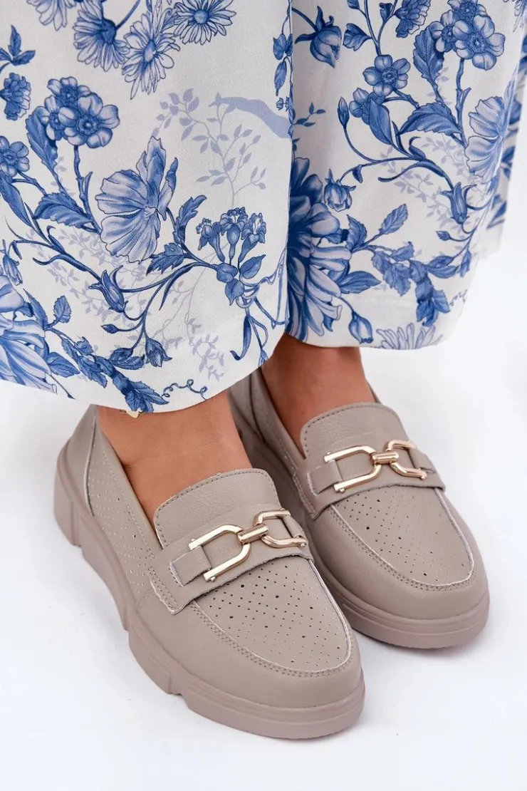 Buty damskie Vinceza Loafersy Damskie|Mokasyny Damskie Skórzane*Mokasyny Damskie Skórzane Ze Złotym Detalem Vinceza 88007 Ciemnobeżowe Beżowy