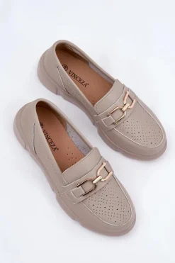 Buty damskie Vinceza Loafersy Damskie|Mokasyny Damskie Skórzane*Mokasyny Damskie Skórzane Ze Złotym Detalem Vinceza 88007 Ciemnobeżowe Beżowy
