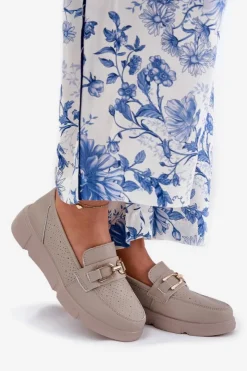 Buty damskie Vinceza Loafersy Damskie|Mokasyny Damskie Skórzane*Mokasyny Damskie Skórzane Ze Złotym Detalem Vinceza 88007 Ciemnobeżowe Beżowy