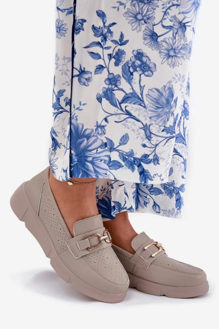 Buty damskie Vinceza Loafersy Damskie|Mokasyny Damskie Skórzane*Mokasyny Damskie Skórzane Ze Złotym Detalem Vinceza 88007 Ciemnobeżowe Beżowy