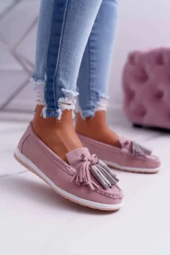 Evento Mokasyny Damskie Zamszowe*Mokasyny Damskie Skórzane Zamszowe Z Frędzlami Różowe Batist