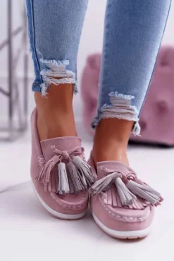 Evento Mokasyny Damskie Zamszowe*Mokasyny Damskie Skórzane Zamszowe Z Frędzlami Różowe Batist