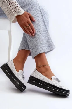Damskie buty S.Barski Loafersy Damskie|Mokasyny Damskie Skórzane*Mokasyny Damskie Skórzane Na Platformie S.Barski LR400 Białe Biały