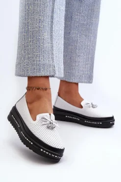 Damskie buty S.Barski Loafersy Damskie|Mokasyny Damskie Skórzane*Mokasyny Damskie Skórzane Na Platformie S.Barski LR400 Białe Biały