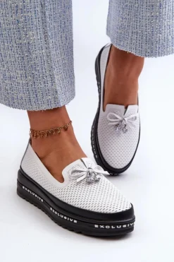 Damskie buty S.Barski Loafersy Damskie|Mokasyny Damskie Skórzane*Mokasyny Damskie Skórzane Na Platformie S.Barski LR400 Białe Biały