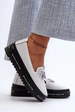 Damskie buty S.Barski Loafersy Damskie|Mokasyny Damskie Skórzane*Mokasyny Damskie Skórzane Na Platformie S.Barski LR400 Białe Biały