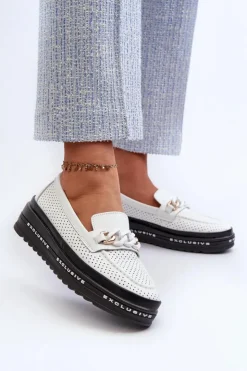 Sale Damskie buty S.Barski Mokasyny Damskie Skórzane Na Platformie Z Łańcuchem S.Barski LR618 Białe Biały