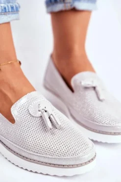 Evento Mokasyny Damskie Skórzane*Mokasyny Damskie Skórzane Srebrne Amore Mio