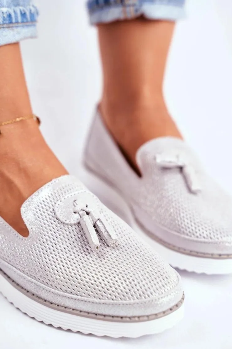 Evento Mokasyny Damskie Skórzane*Mokasyny Damskie Skórzane Srebrne Amore Mio