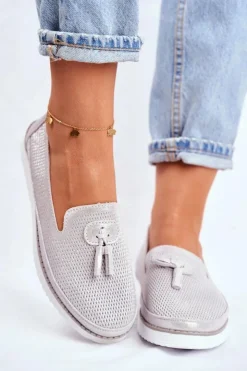 Evento Mokasyny Damskie Skórzane*Mokasyny Damskie Skórzane Srebrne Amore Mio